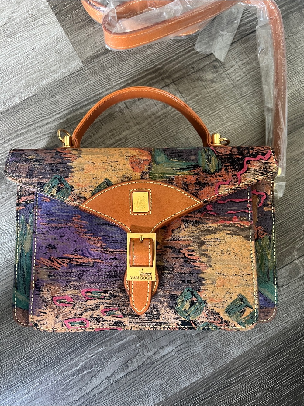 VAN GOGH  Multicolor Canvas Top-Handle Bag with Tan Leather Trim